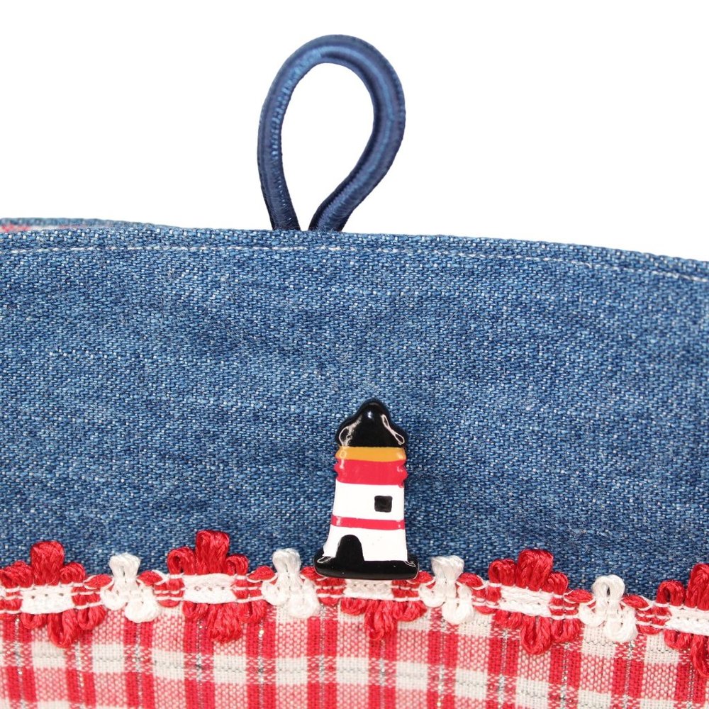 Handcrafted Handsewn Lighthouse Plaid Denim Embellished Lined Shoulder Purse Bag - Picture 3 of 16
